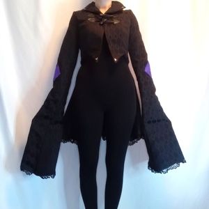 Black Patterened Jacket with Skirted Back & Exaggerated Long Bell Sleeve…